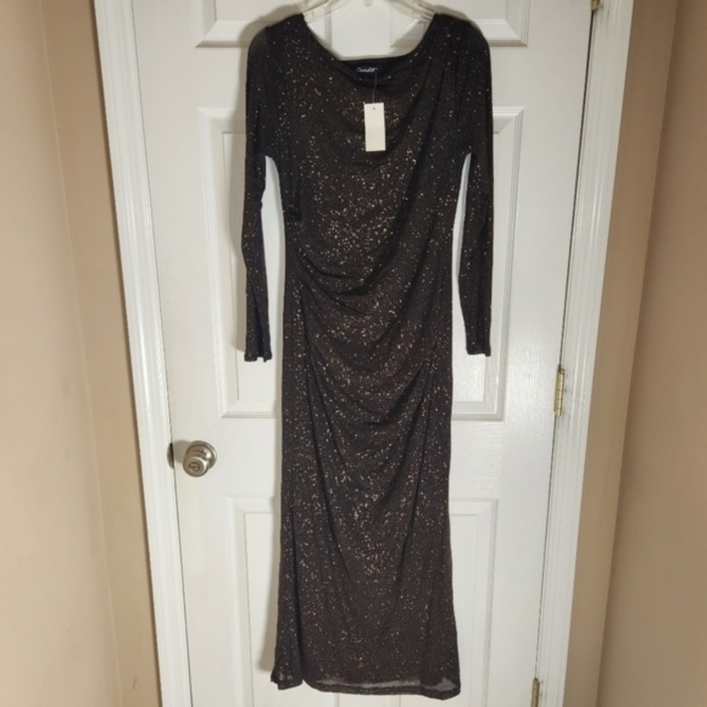NWT Candalite Long Evening Gown Shine Sparkle Shimmer Shaping Med Blk Gold Sheer